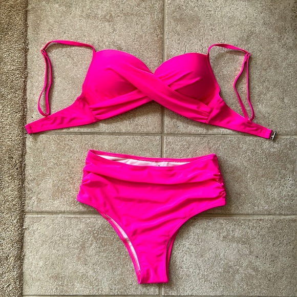 Other - NWOT Barbie Neon Pink Twist Bikini with High Rise Bottoms